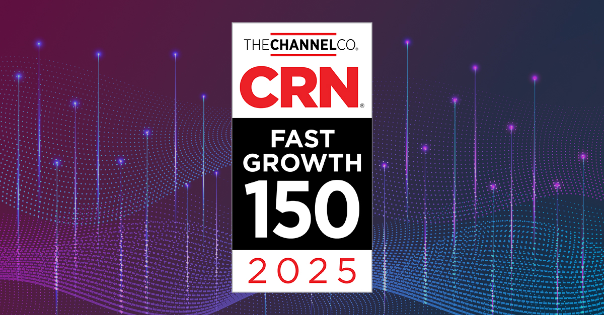 CRN Fast Growth 150 logo on an abstract purple background